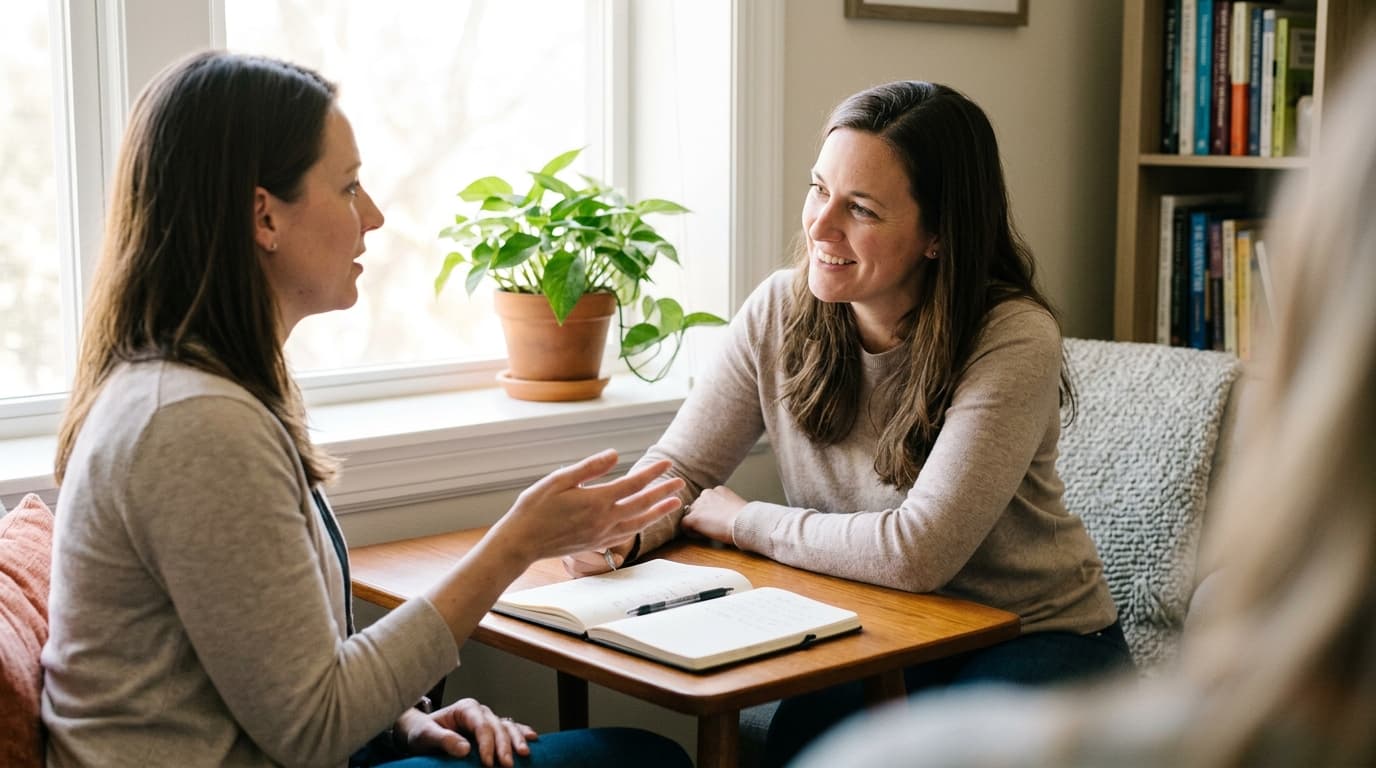Two counselors talk warmly at a sunlit table during a supervision session, a plant nearby.