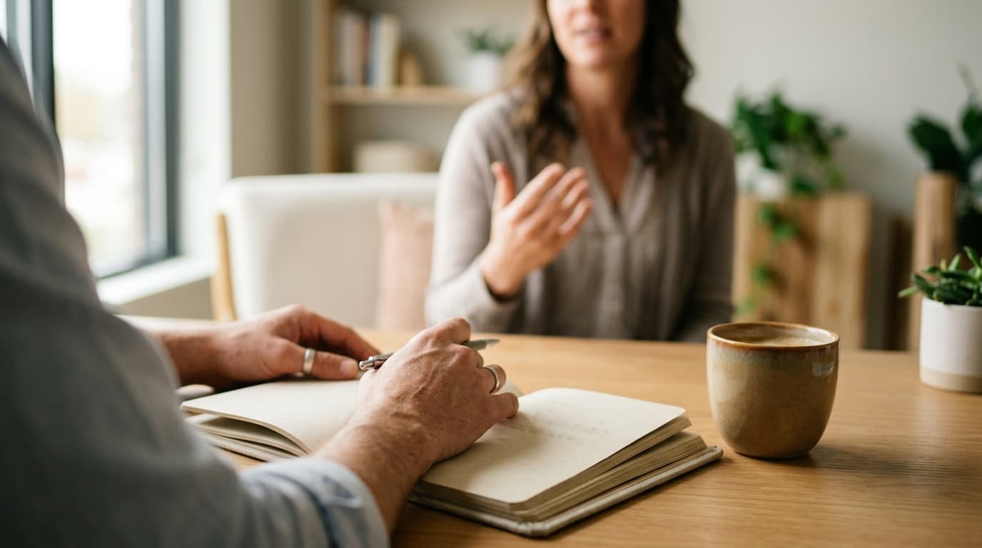 Two people's hands over a closed notebook and coffee cup on a sunlit desk, mid-conversation