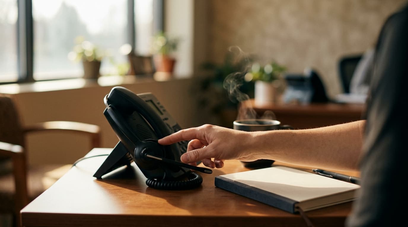 A hand reaches for a headset beside a coffee cup on a sunlit admissions desk.