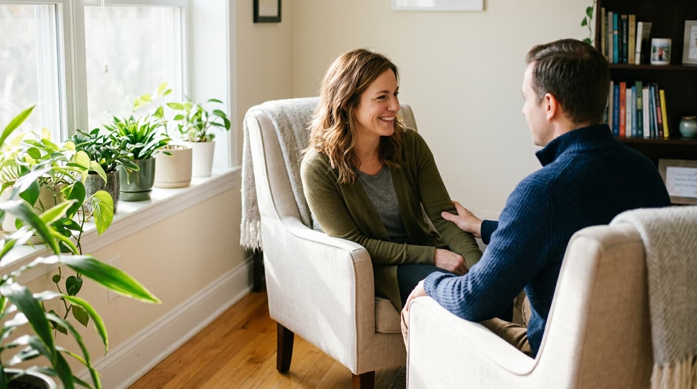 Counselor and client talk warmly in sunlit office with plants, chairs angled together.