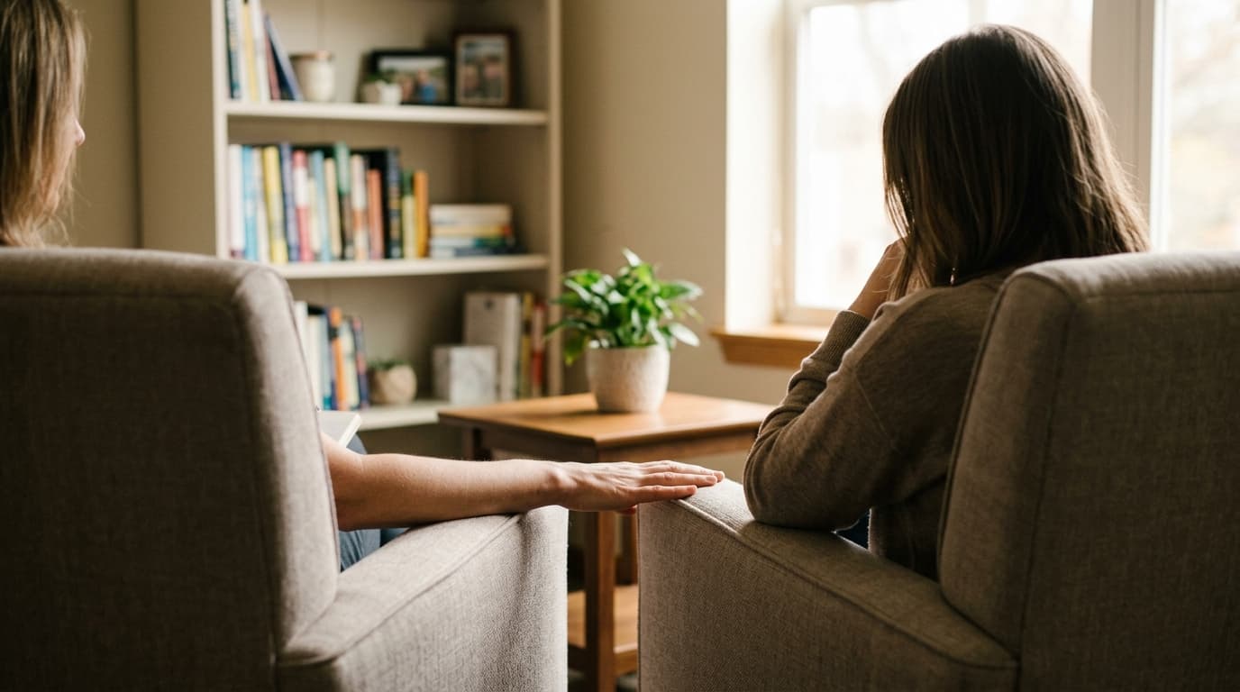 Counselor and client sit in angled chairs by a window, mid-conversation in a calm office.