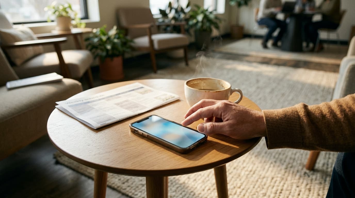 A hand reaching for a phone beside a printed schedule and coffee cup on a sunlit table.